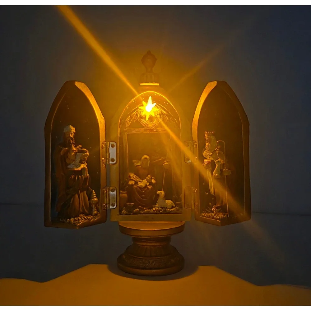 Lighted Star Nativity Triptych Folding Gold Christmas Tabletop DecorWMG 2014